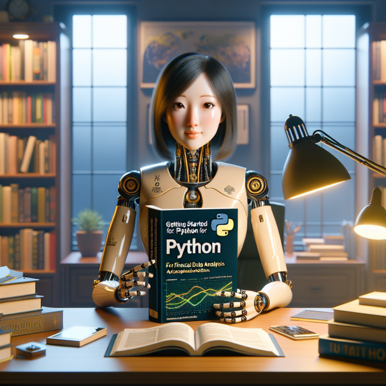 a professor robot is publishing a tutorial with the title: getting started with python for financial data analysis: a comprehensive guide in a study room