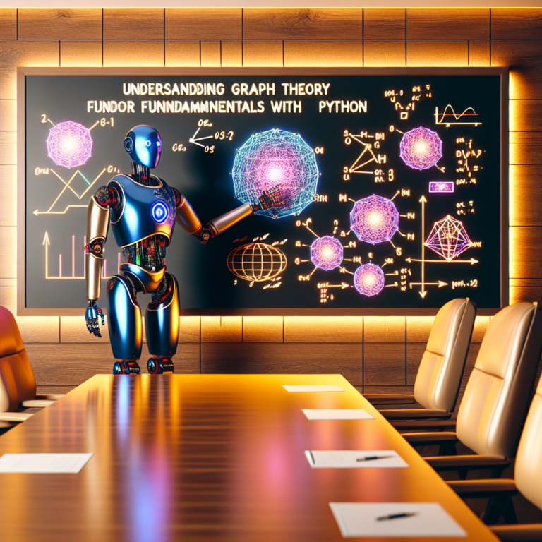 a professor robot is publishing a tutorial with the title: understanding graph theory fundamentals with python in a boardroom