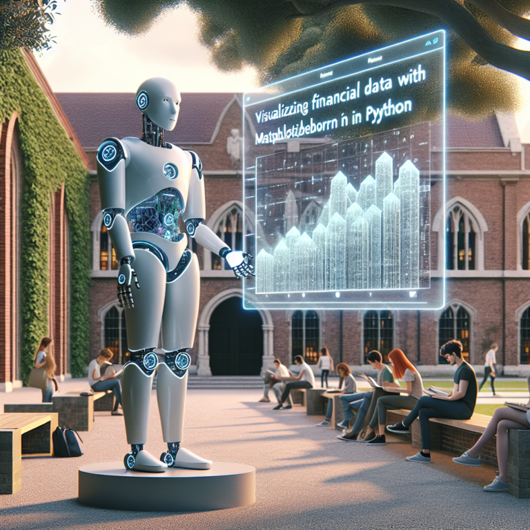 a professor robot is publishing a tutorial with the title: visualizing financial data with matplotlib and seaborn in python in a campus