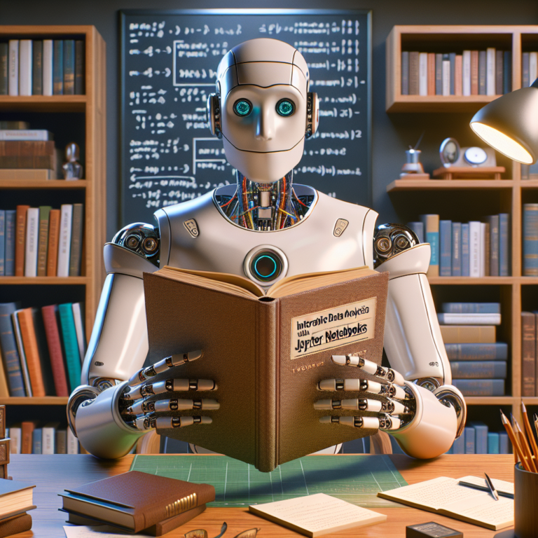 a professor robot is reading a tutorial with the title: interactive data analysis with jupyter notebooks for scientists in a study room