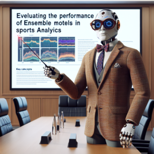 a professor robot is teaching a tutorial with the title: evaluating the performance of ensemble models in sports analytics in a boardroom