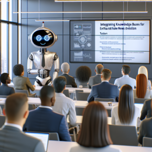 a professor robot is teaching a tutorial with the title: integrating knowledge bases for enhanced fake news detection in a conference room