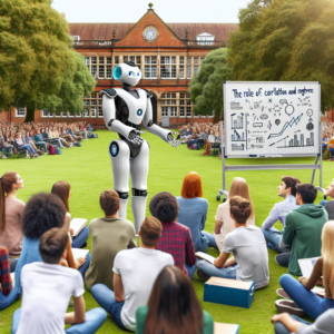 a professor robot is teaching a tutorial with the title: the role of correlation and regression in data analysis in a schoolyard