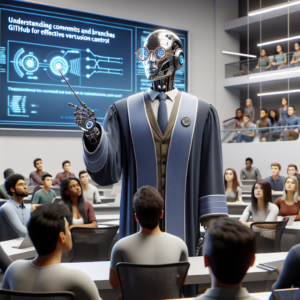 a professor robot is teaching a tutorial with the title: understanding commits and branches in github for effective version control in a campus