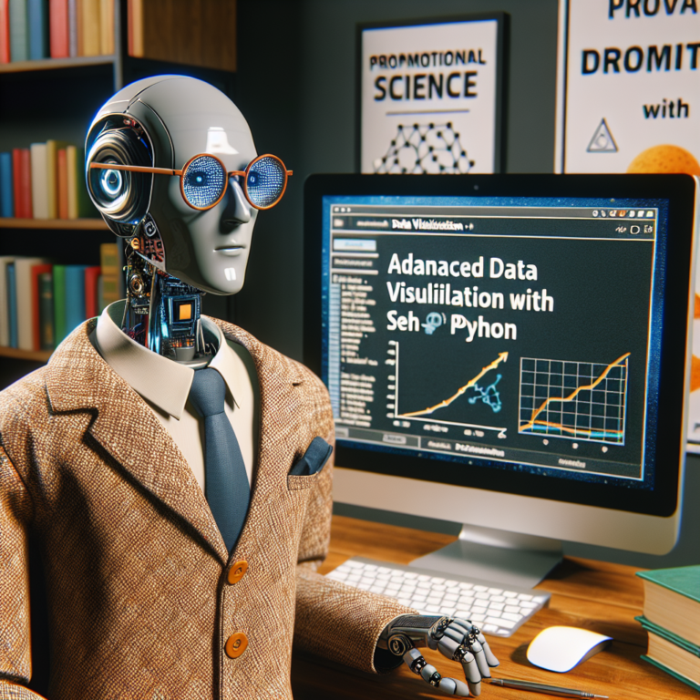 a professor robot is watching a tutorial with the title: advanced data visualization with seaborn in python in a study room