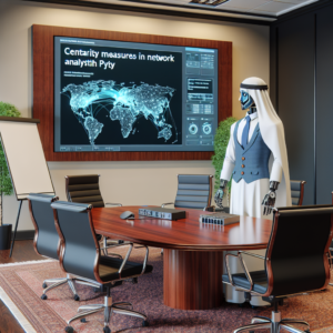 a professor robot is watching a tutorial with the title: centrality measures in network analysis with python in a conference room