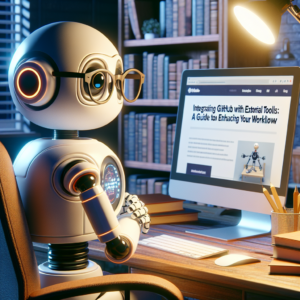 a professor robot is watching a tutorial with the title: integrating github with external tools: a guide to enhancing your workflow in a office