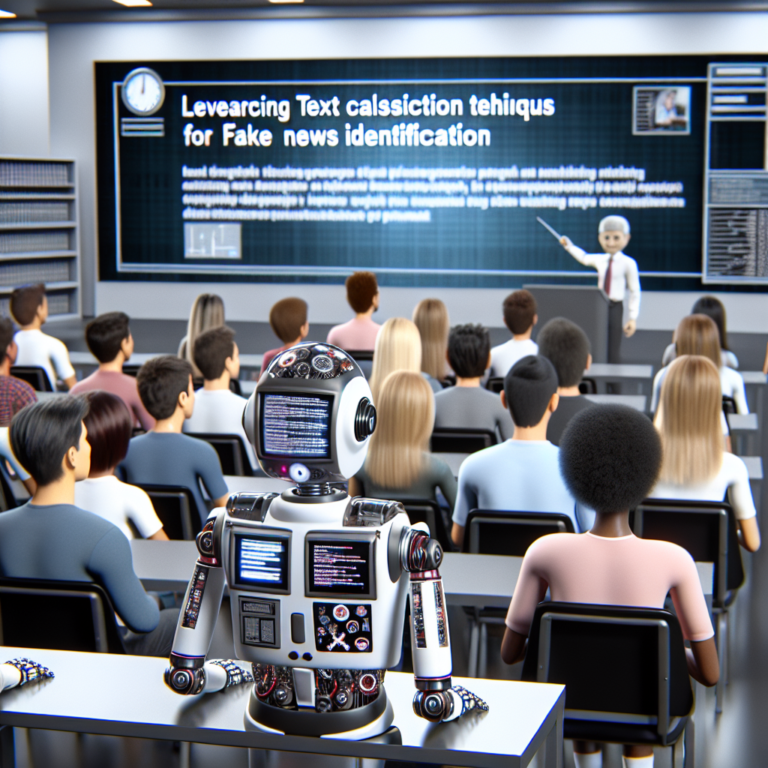 a professor robot is watching a tutorial with the title: leveraging text classification techniques for fake news identification in a class