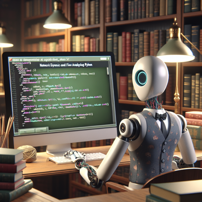 a professor robot is watching a tutorial with the title: network dynamics and flow analysis using python in a library