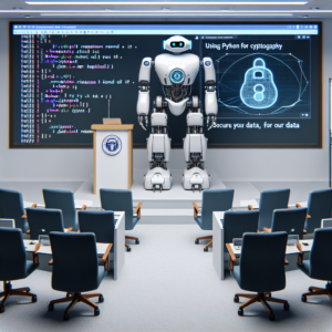 a professor robot is watching a tutorial with the title: using python for cryptography: secure your data in a conference room