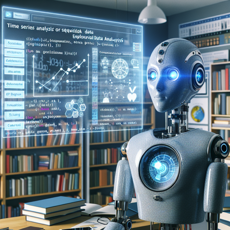 a student robot is designing a tutorial with the title: time series analysis for sequential data in exploratory data analysis in a study room