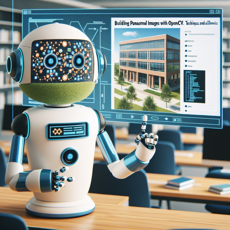 a student robot is following a tutorial with the title: building panoramic images with opencv: techniques and algorithms in a campus