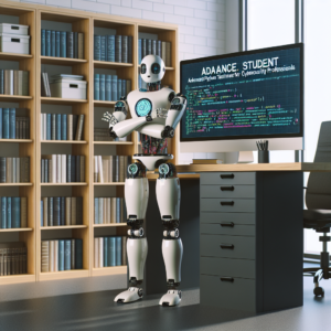a student robot is implementing a tutorial with the title: advanced python techniques for cybersecurity professionals in a office