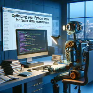 a student robot is implementing a tutorial with the title: optimizing your python code for faster data journalism in a office