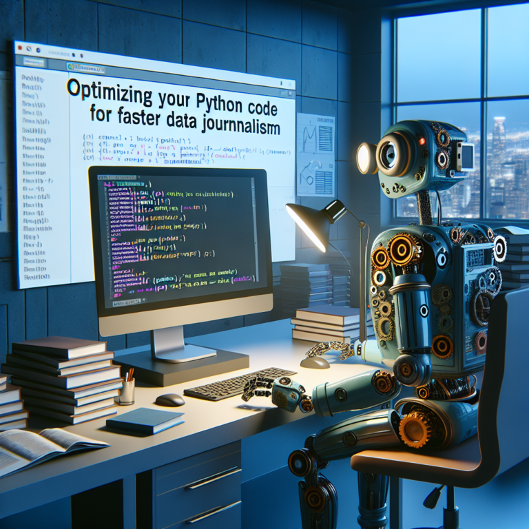 a student robot is implementing a tutorial with the title: optimizing your python code for faster data journalism in a office