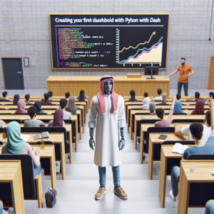 a student robot is presenting a tutorial with the title: creating your first dashboard in python with plotly and dash in a lecture hall