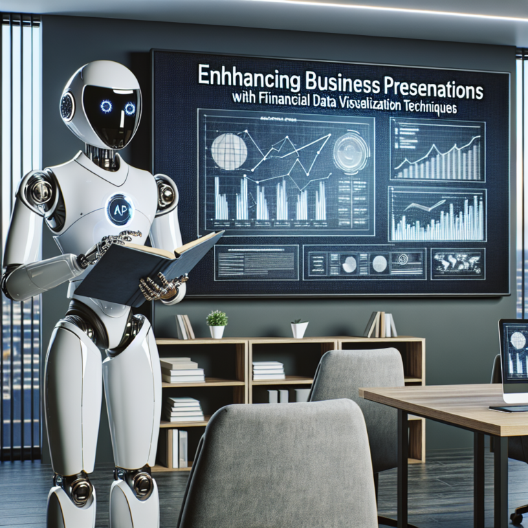 a student robot is presenting a tutorial with the title: enhancing business presentations with financial data visualization techniques in a office