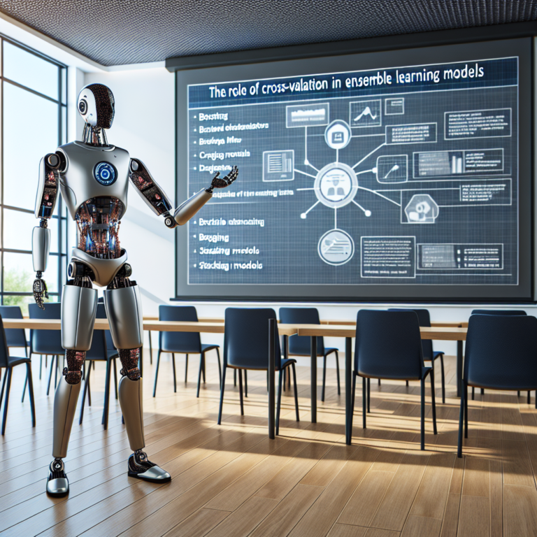 a student robot is presenting a tutorial with the title: the role of cross validation in ensemble learning models in a class