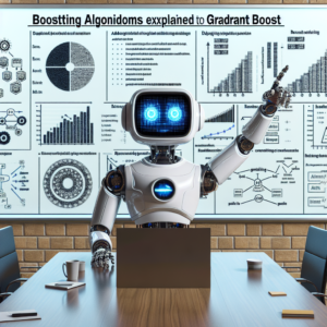 a student robot is publishing a tutorial with the title: boosting algorithms explained: from adaboost to gradient boost in a boardroom