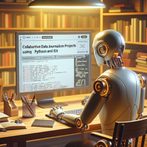 a student robot is publishing a tutorial with the title: collaborative data journalism projects using python and git in a study room