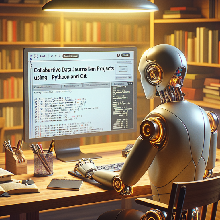 a student robot is publishing a tutorial with the title: collaborative data journalism projects using python and git in a study room