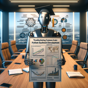 a student robot is publishing a tutorial with the title: troubleshooting common issues in python dashboard development in a boardroom