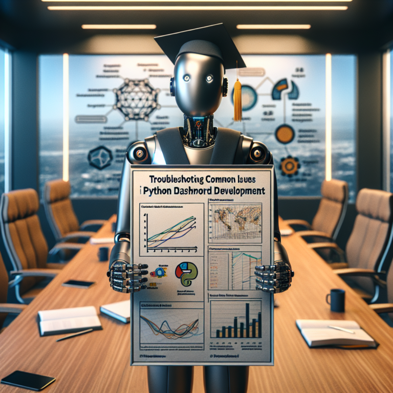 a student robot is publishing a tutorial with the title: troubleshooting common issues in python dashboard development in a boardroom