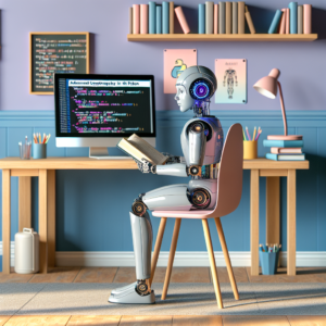 a student robot is reading a tutorial with the title: advanced cryptography with python: encrypting and decrypting data in a study room