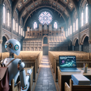 a student robot is reading a tutorial with the title: animating data visualizations in python: techniques and tools in a lecture hall