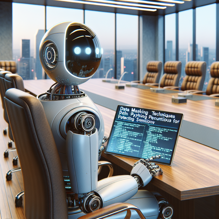 a student robot is reading a tutorial with the title: data masking techniques in python for protecting sensitive information in a boardroom