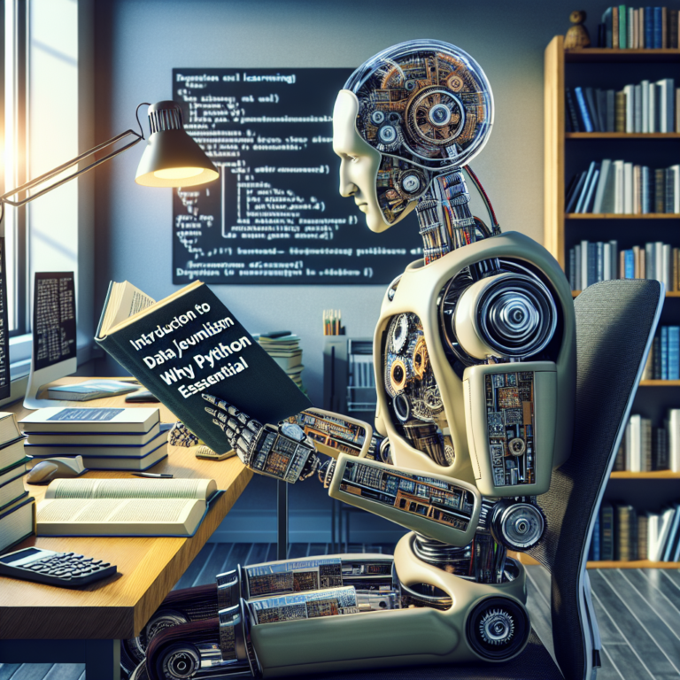 a student robot is reading a tutorial with the title: introduction to python for data journalism: why python is essential in a office