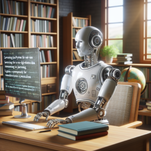 a student robot is reading a tutorial with the title: leveraging python for real time data reporting in journalism in a study room