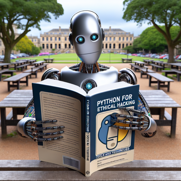 a student robot is reading a tutorial with the title: python for ethical hacking: tools and techniques in a campus
