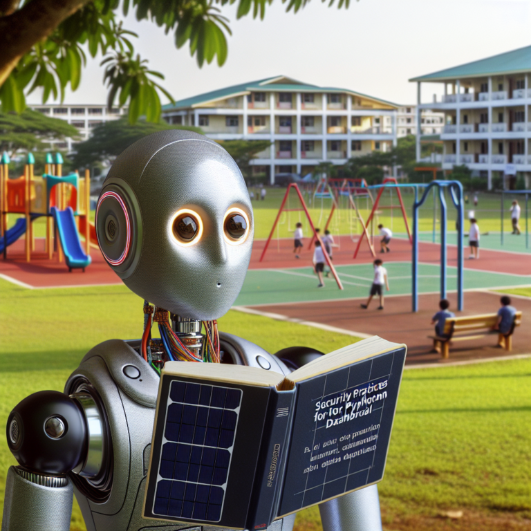 a student robot is reading a tutorial with the title: security best practices for python dashboards in a schoolyard