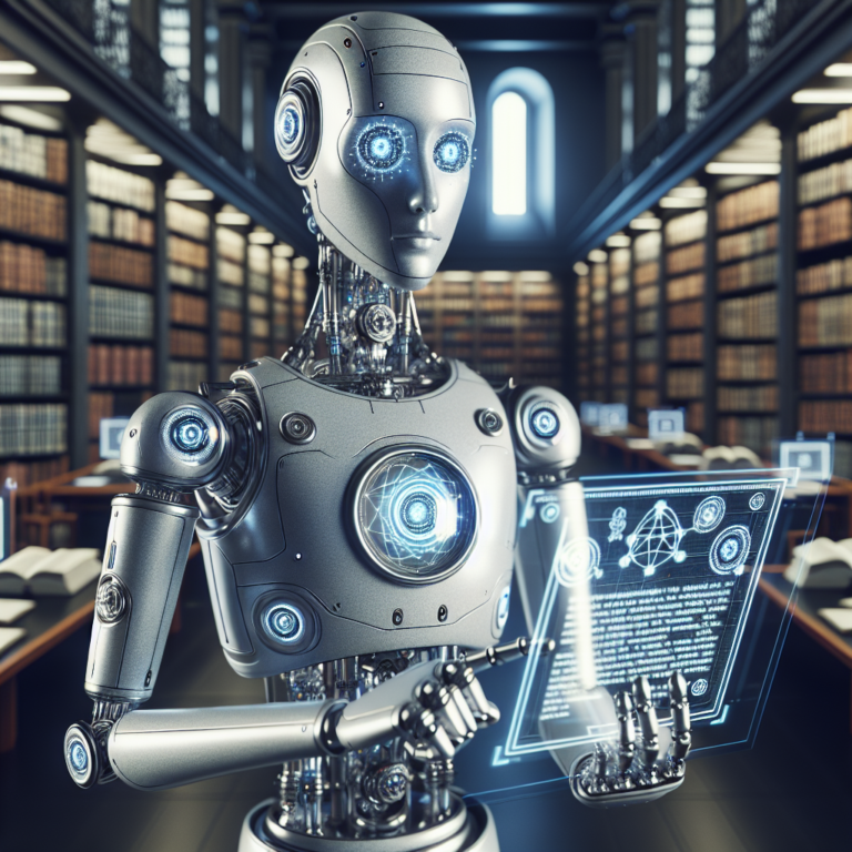 a student robot is reading a tutorial with the title: using text analysis to improve social media marketing strategies in a library