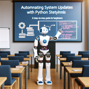 a student robot is teaching a tutorial with the title: automating system updates with python: a step by step guide for beginners in a conference room