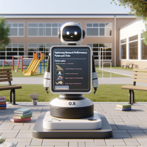 a student robot is teaching a tutorial with the title: optimizing network performance with python: tips and tricks in a schoolyard