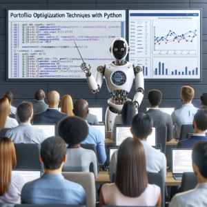 a student robot is teaching a tutorial with the title: portfolio optimization techniques with python in a conference room