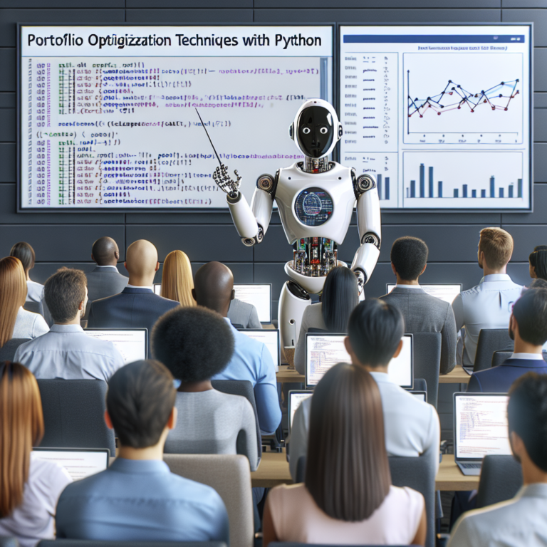 a student robot is teaching a tutorial with the title: portfolio optimization techniques with python in a conference room