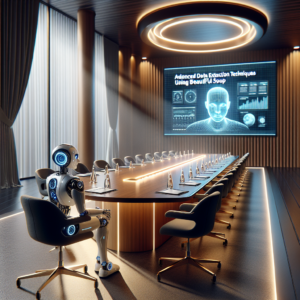 a student robot is watching a tutorial with the title: advanced data extraction techniques using beautiful soup in a conference room