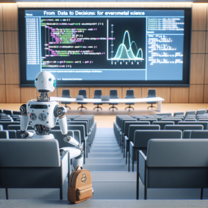 a student robot is watching a tutorial with the title: from data to decisions: python for environmental science research in a lecture hall