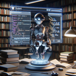 a student robot is watching a tutorial with the title: using python to monitor system performance: techniques and tools in a library