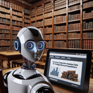 a student robot is watching a tutorial with the title: utilizing competitive analysis data in strategic business presentations in a library