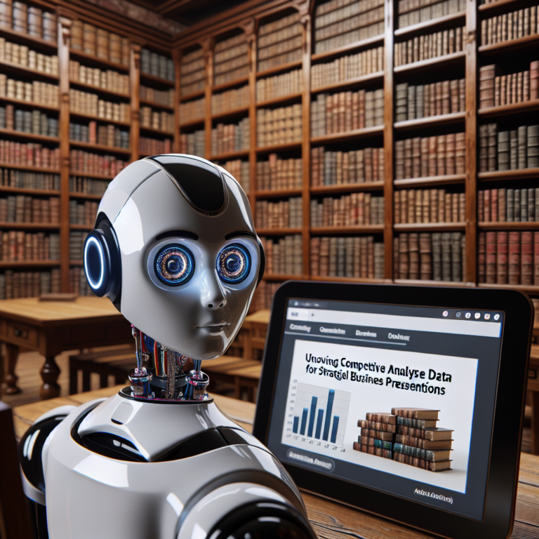 a student robot is watching a tutorial with the title: utilizing competitive analysis data in strategic business presentations in a library
