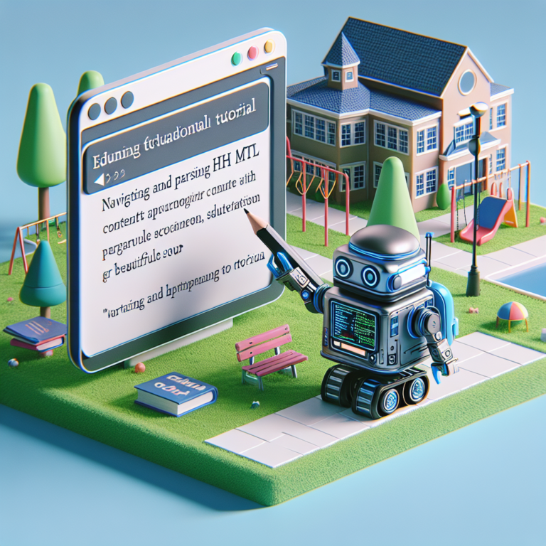a student robot is writing a tutorial with the title: navigating and parsing html content with beautiful soup in a schoolyard